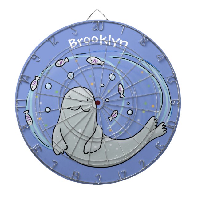 Tecknad av Cute lycklig-sälar och fisk Darttavla (Framsidan)