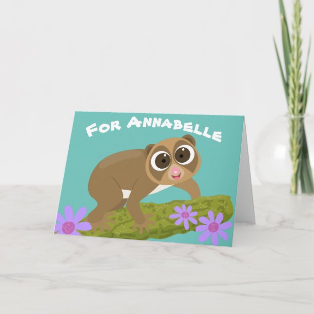 Tecknad av Cute slow loris-blommor Kort (Framsida)