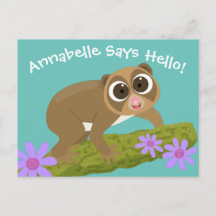 Tecknad av Cute slow loris-blommor Vykort