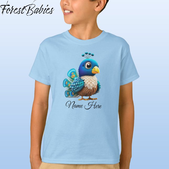 Tecknad av Cute Whimsical Barn Peacock Bird Graphi T Shirt (Peacock, Blue Customizable ForestBabies T-shirt - Front)