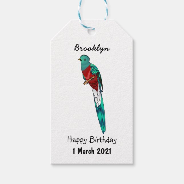 Tecknad av den relevanta quetzala fågelfågeln presentetikett (Framsidan)