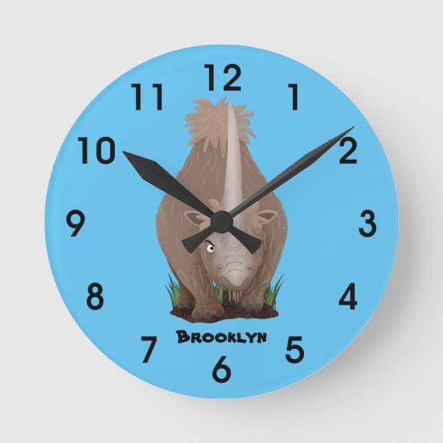 Tecknad av elasmotherium med lutygul rhino rund klocka (Framsida)