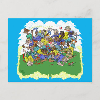 Tecknad av en Rugby-match. Vykort