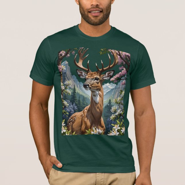 Tecknad av en Whitetail-Hjort omgiven av berg T Shirt (Framsida)