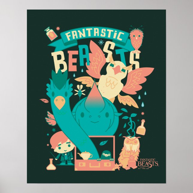 Tecknad av fantastiska Beaster med Newt Scamander Poster (Framsidan)