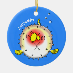 Tecknad av fisk av porcupin julgransprydnad keramik