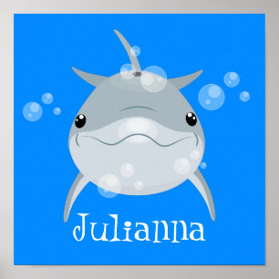 Tecknad av för Cute lycklig delphin-bubblor Poster