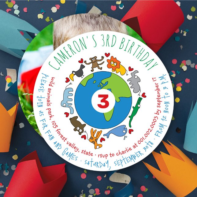 Tecknad av fred och Kärlek i världen Inbjudningar (Peace And Love Cute Cartoon Animals of The World, Photo Kid's Birthday Party Invitation @ fat_fa_tin)