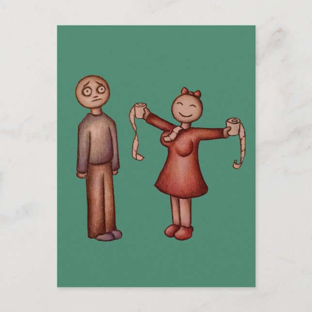 Tecknad av Girl Stuffing Shirt med Toilet Papper Vykort (Framsida)