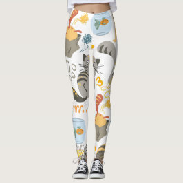 Tecknad av Grått-Orange Cat Mönster Design Leggings