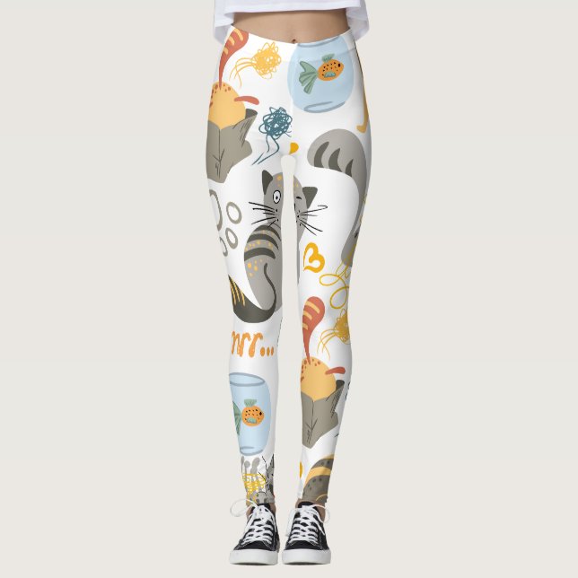 Tecknad av Grått-Orange Cat Mönster Design Leggings (Framsida)