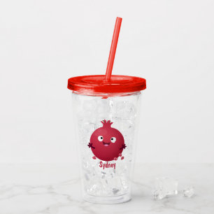Tecknad av grumlig frukt i lycklig take away mugg