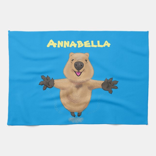 tecknad av hoppande quokka- i lycklig kökshandduk (Horisontell)
