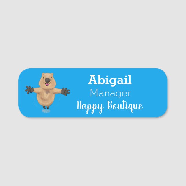 tecknad av hoppande quokka- i lycklig namnbricka (Framsida)