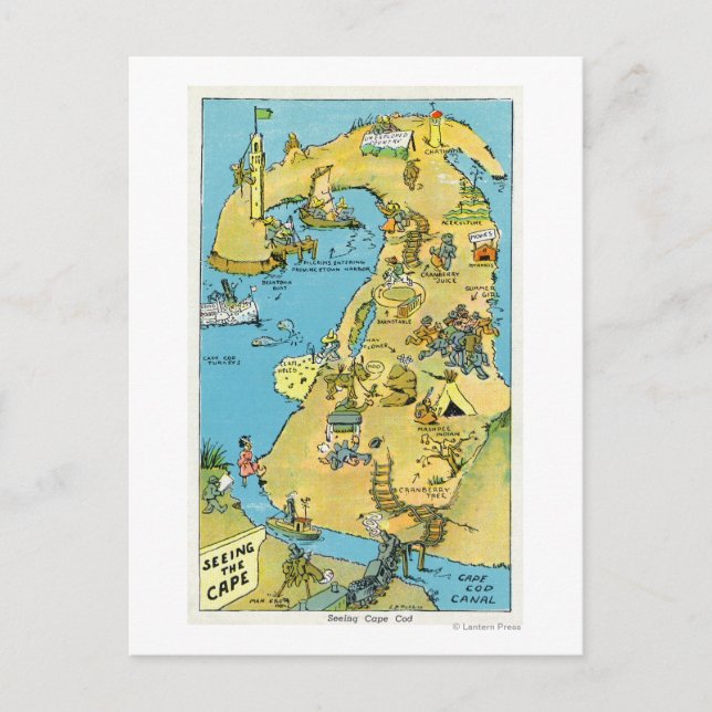 Tecknad av intressepunkter för Kap Cod Vykort (Framsida)