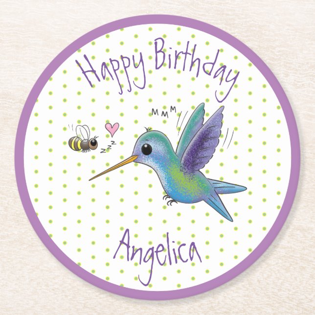 Tecknad av kute hummingbird och bin underlägg papper rund (Framsidan)