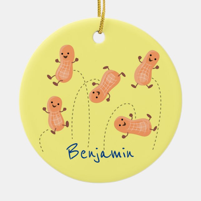 Tecknad av kute lycklig-hoppande jordnötter julgransprydnad keramik (Framsidan)