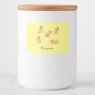 Tecknad av kute lycklig-hoppande jordnötter mat etiketter