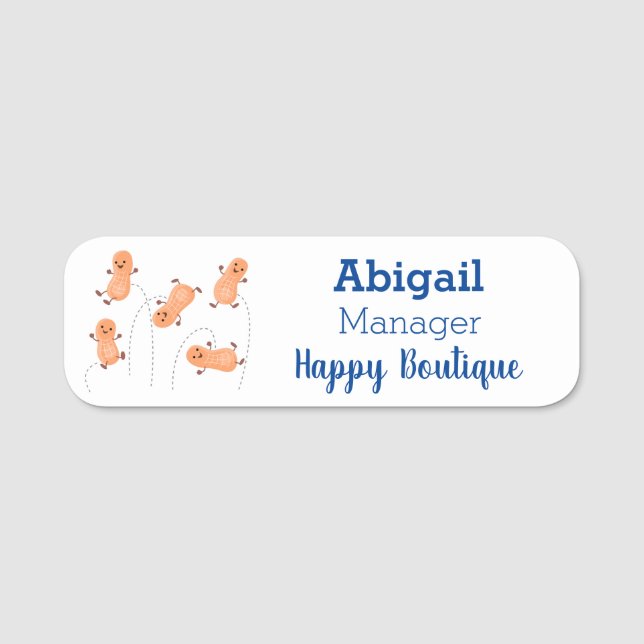 Tecknad av kute lycklig-hoppande jordnötter namnbricka (Framsida)