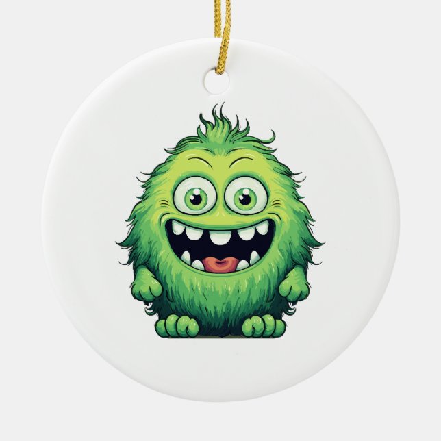 Tecknad av leende Cute Grönt Monster Julgransprydnad Keramik (Framsidan)