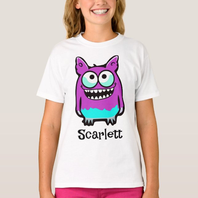 Tecknad av Lila Grönt Monster- T Shirt (Framsida)