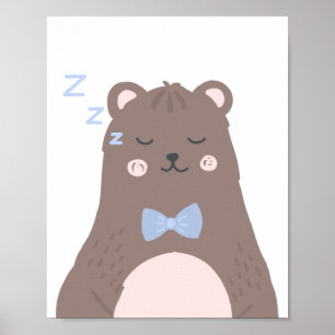 Tecknad av sovande björn Brown Blue Boy Nursery De Poster