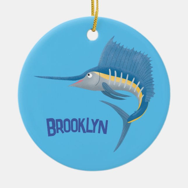 Tecknad av svärdfisksegelfiskens roligt julgransprydnad keramik (Framsidan)