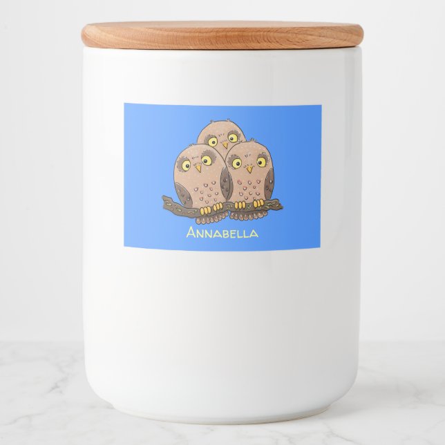 Tecknad av trio- Cute baby uggla Mat Etiketter (Framsida)