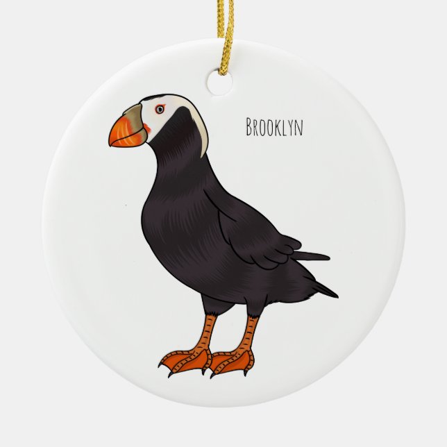Tecknad av tuftad puffin-fågel julgransprydnad keramik (Framsidan)