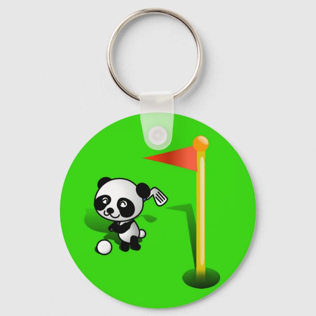 Tecknad Baby Panda Bear Golfing på Grönten Nyckelring (Framsida)
