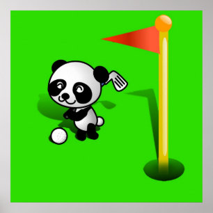 Tecknad Baby Panda Bear Golfing på Grönten Poster