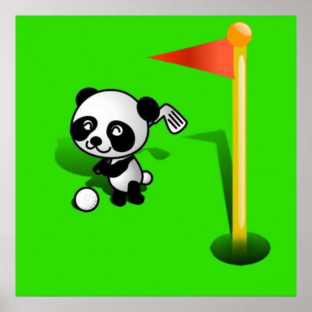 Tecknad Baby Panda Bear Golfing på Grönten Poster (Framsidan)