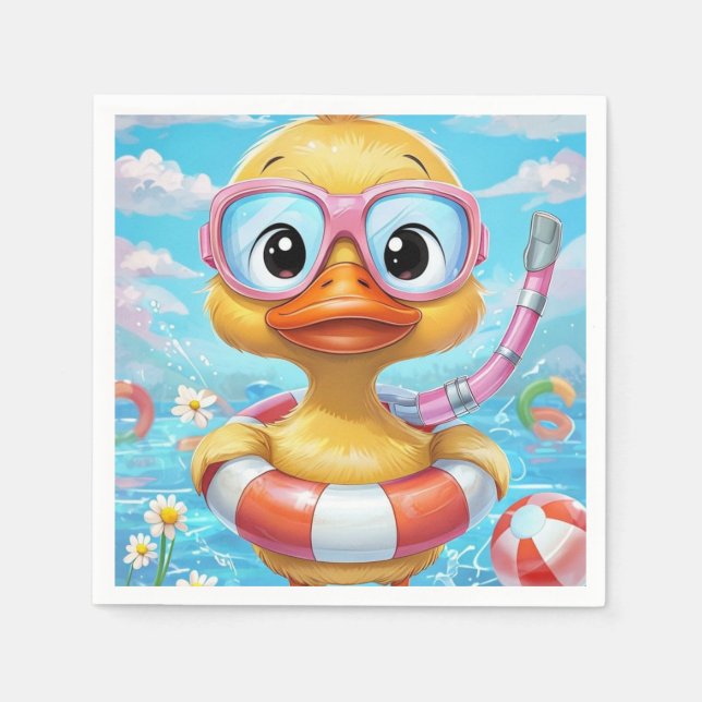 Tecknad Bassäng Party Anka med norkel och Simma Pappersservett (Framsidan)