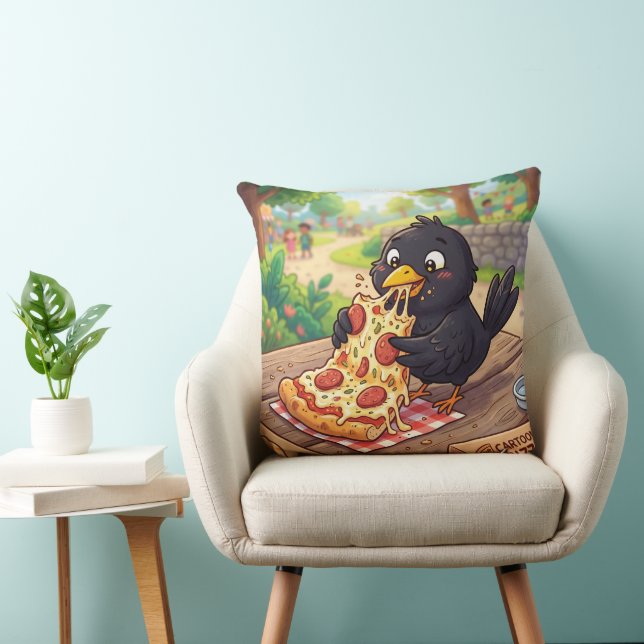 Tecknad Bebis Svarttrast Kråka Räv Äter Pizza Kudde (Stol)