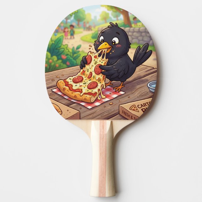 Tecknad Bebis Svarttrast Kråka Räv Äter Pizza Pingisracket (Framsidan)
