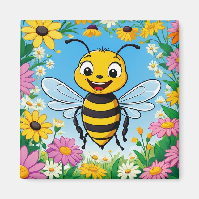 Tecknad Biet Färgglada Blommor  Magnet (Framsidan)