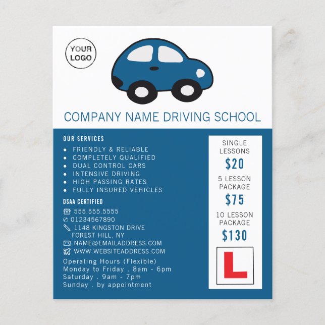 Tecknad bil, körskola, instruktörsreklam flygblad (Framsidan)
