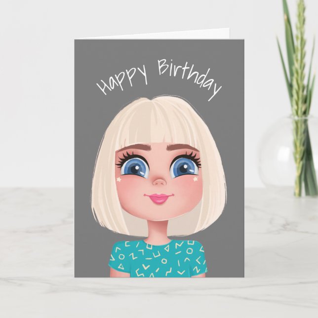 Tecknad Birthday Blond Girl på Grått Kort (Framsida)