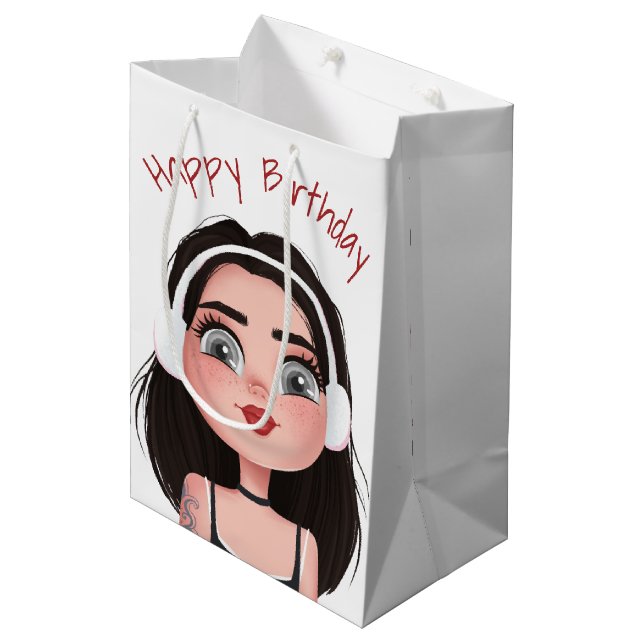Tecknad Birthday Girl med hörlurar (Framsidan Vinklad)