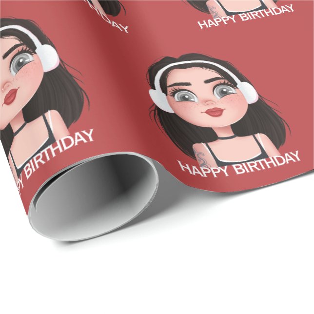 Tecknad Birthday Girl med hörlurar Presentpapper (Rullad Hörn)