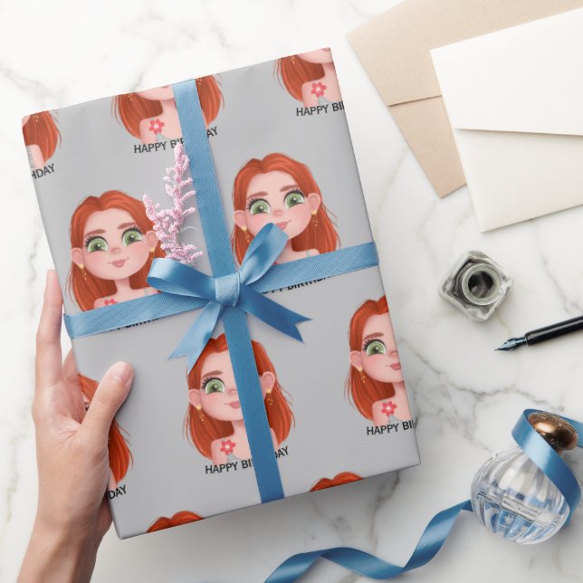 Tecknad Birthday Girl med Red Hair Presentpapper (Gifting)