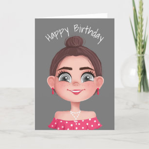 Tecknad Birthday Girl på Grått Kort