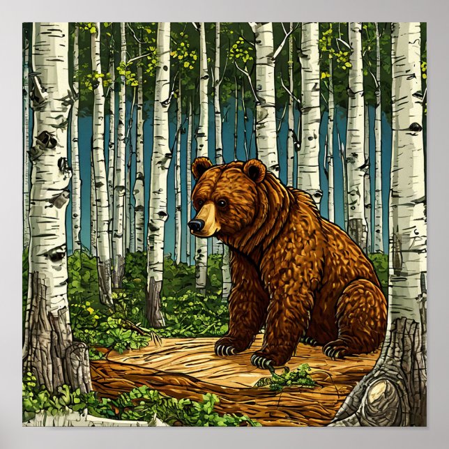 🐻 Tecknad björn i björkskog Söt skogsmiljö Poster (Framsidan)