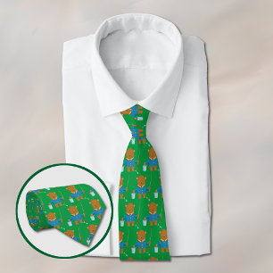 Tecknad Björn med fisketräd Grönt Neck Tie Slips