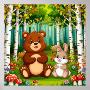 Tecknad björn och kanin sittande i en frodig skog poster