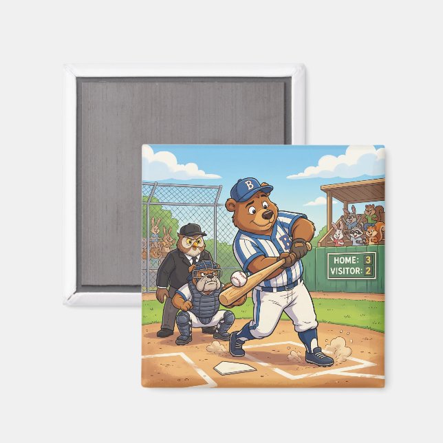 Tecknad björn som spelar baseboll magnet (Front/Back)