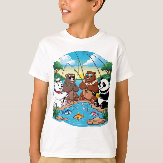tecknad björnar som fiskar t shirt (Framsida)