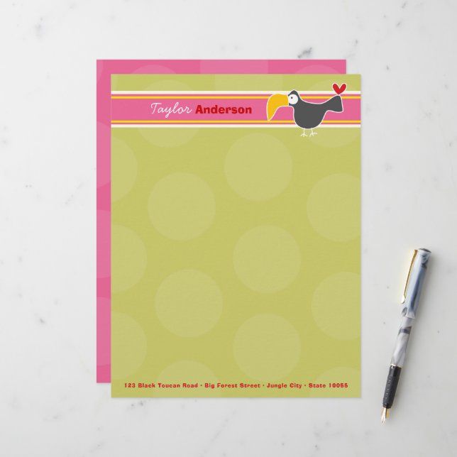 Tecknad Black Toucan Bird Grönt Dots Kids Children Brevhuvud (Fram/Back In Situ)