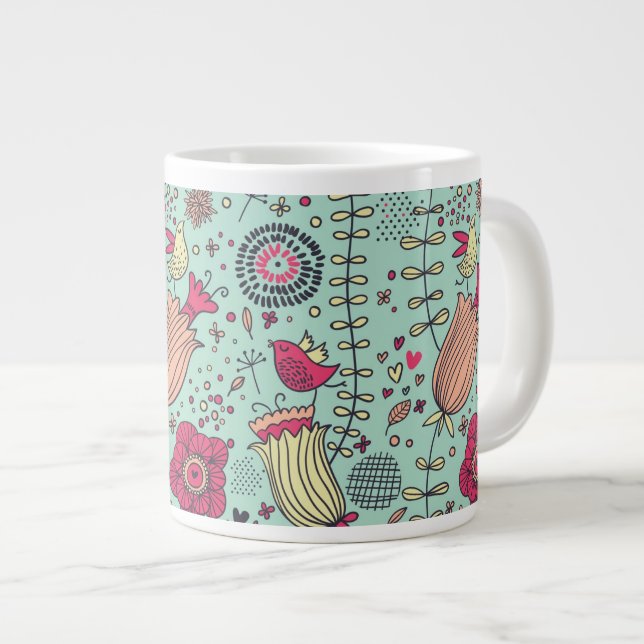 Tecknad blommönster med fåglar jumbo mugg (Framsida höger)