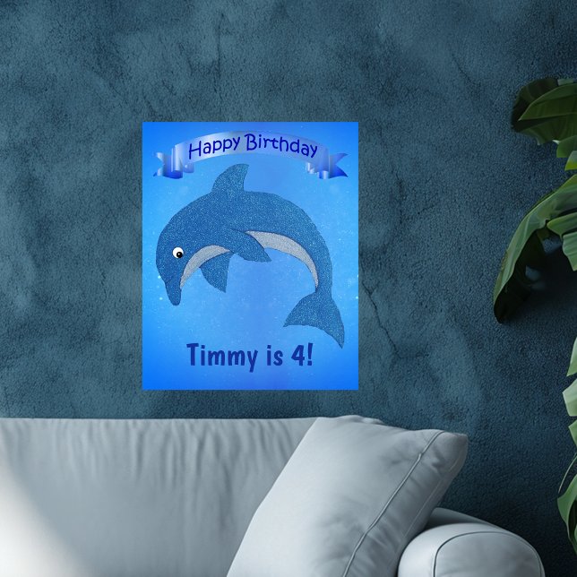Tecknad Blue Jumping Dolphin Ribbon Barns födelsed Poster (Fun jumping sparkle like blue dolphin on kids Happy Birthday poster decoration.)